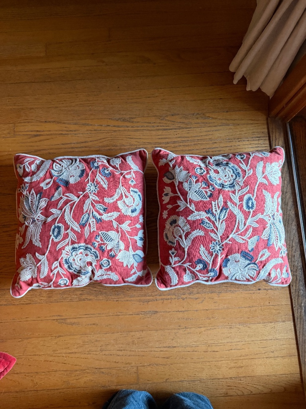 Pier 1 Imports 21" x 13" Embroidered Floral Scroll Bloom Pillow Red Blue (pair)